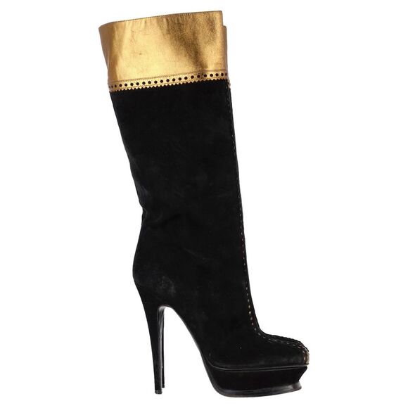 Saint Laurent Laser Cut Detail Knee-High Platform Boots in Black and Gold Suede - Picture 1 of 12
